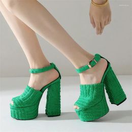 Corduroy High Heels Green Platform Sexy Women's Sandals Ladies Chunky Heel Pumps Fashion Open Toe Round Head Female Shoes 999 246 5