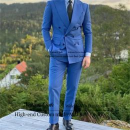 Men's Suits Fashion Blue Men Peaked Lapel Double Breasted Groom Wedding Tuxedos 2 Pieces Male Prom Blazers Slim Fit Terno Masculino