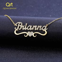 Bangle Qitian Heart With Personalised Name Necklace For Women Custom Gold Stainless Steel BlingBling Pendant ICED OUT NECKLACE 231023