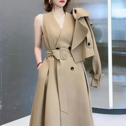 Women's Trench Coats 2023 Two Piece Set Women Long Solid Casual Ladies Windbreaker Black Khaki Size Belt Lapel Clothing Fashion Tops