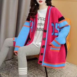 Bahar kadın kazak tasarımcısı klasik renk eşleşen kadınlar moda basit rahat hırka yün kiti kadın pluz boyutu ccity ceket cepleri yazdır