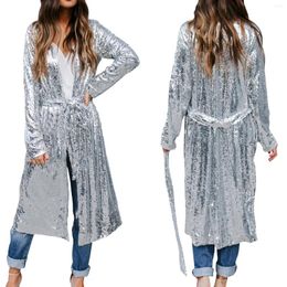 Women's Jackets Women Fashion Sequin Open Front Long Coat Cardigan Cover Up Coats With Belt Vintage Evening Prom Party Tops Chaquetas Para