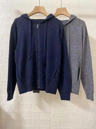 Women's Knits Women Zipper Knit Cardigan Cashmere Grey Dark Blue Sweater Elbows Star Hooded Long Sleeve Drawstring Female Coat 2023 Fall