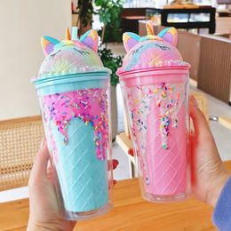 Tumblers 450ml Cute Water Bottle For Girls A FREE Double wall Tumbler with straw reusable Smoothie Cup Drinkware Plastic water bottle 231023