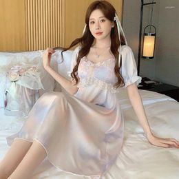 Women's Sleepwear Summer Fairy Ice Silk Night Dress Princess Nightwear Women Satin V Neck Short Sleeve Nightgown Sexy Lace Nightdress