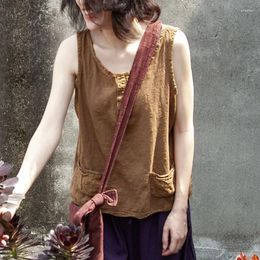 Women's Tanks Johnature Women Vintage Linen Tank And Tops Solid Colour Patchwork Pockets O-Neck Clothes 2023 Summer