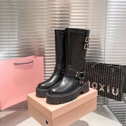 Fashion Long Boots MARGARET Tall Boot Italy Beautiful Women Platforms Waterproof Black Brown Leather Double Buckles Designer Evening Dress Longs Bootes Box EU 35-40