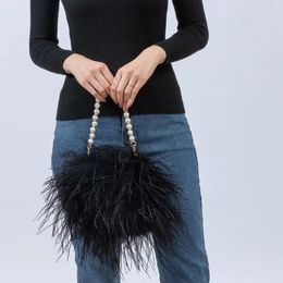 Waist Bags Ostrich Feather Handbag With Pearl Chain Mini Purse For Party Furry Wedding Bride Romantic Pink Green Orange Purple 23A0627