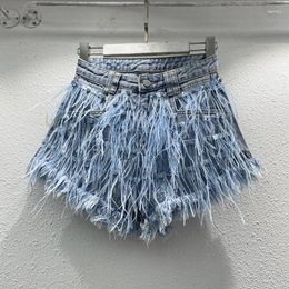 Women's Jeans Luxury Women Diamonds Beaded 3D Feathers Denim Shorts Tassels Ripped Rhinestones Short Trousers Streetwear Pants 2023