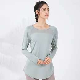 Active Shirts Women Loose Yoga Long Sleeve Sport T-shirts Mesh Breathable Running Sweatshirts Curved Hem Gym Fitness Tops Blouse Female