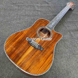 Custom 12 STRINGS dreadnought D body 41 inch all solid KOA wood ACOUSTIC GUITAR with life tree inlay, wood pickguard, customized logo on headstock, Double EQ