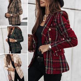 Women's Suits Blazers S-3XL 4Colors Double-Breasted Plaid Shape Slim Blazer Coat Long-Sleeve Women Office Spring Autumn Suit Polyester Fibre Jacket 231023