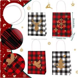 Christmas Decorations Present Bags With Handle Buffalo Plaid Paper Bag Snowflake Reindeer Xmas Tree Angel Party Treat Reusable Candy G Am8Tc