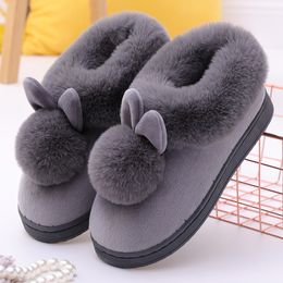 Winter thick bottom bag with indoor home slippers All black pink women's long ears single ball warm soft sole cotton slippers