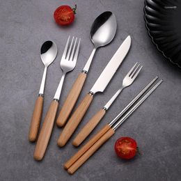 Dinnerware Sets Wholesale Of Japanese Style Creative Household Wooden Handle Spoons Stainless Steel Forks Chopsticks Three Piece Set