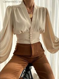 Women's T-Shirt Black Shirts Spring Autumn V-neck Lantern Long Sleeve Crop Top Elegant Short Tunic Blouse Fashion Women Clothing Female Coquette T231024