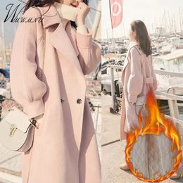Misturas de lã feminina coreano rosa mistura casaco engrossar cinto acolchoado jaquetas de lã inverno quente longo chaquetas solto elegante casaco 231023