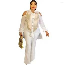 Women's Two Piece Pants Chic Sequins 2 Women Sets Dashiki Party African Clothes Chiffon Long Sleeve Shirt Pant Suit Office Lady Spring