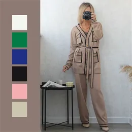 Women's Two Piece Pants Preppy Style Knit Women CardiganTracksuits Casual Single Bread Cardigan Outfits Long Trousers Wide Leg Suit Set