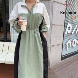 Casual Dresses Autumn Women Dressse Loose Plus Size Patchwork Colour Vestidos Elastic Waist Tunic Simple Female Robe Clothing KE3684