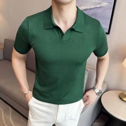 Men's Polos British Style Summer Knitted Short Sleeve Polo Shirt 2023 Solid Colour V-Neck Slim Fit Casual Breathable T-Shirt 4XL-M