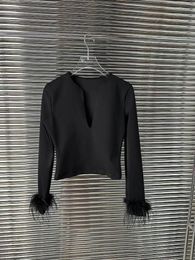 Women's Blouses High Quality Ostrich Hair Cuffs With Deep V-neck Long Sleeved Top For 23 Year Autumn Sexy Small Shirt