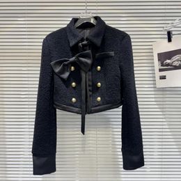 Women's Jackets BORVEMAYS Woollen Short Coat Temperament Bow Drawstring Double Breasted Lapel Long Sleeve Casual Winter Jacket Women WZ6606