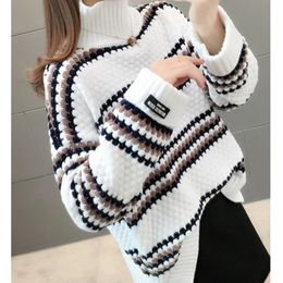 Women's Knits Tees Autumn Winter Knitted Striped Thick Turtleneck Sweater Women Casual Oversized Pullovers Sweaters Loose Warm Jumper Teen Knitwear231023