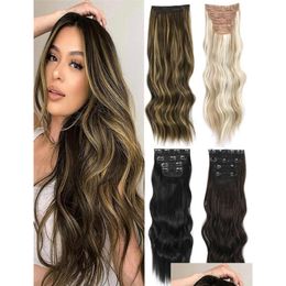 Clip In/On Hair Extensions Aisi Hair Synthetic 4Pcs/Set Long Wavy Extensions Clip In Ombre Blonde Dark Brown Thick Pieces W22040198976 Otptr