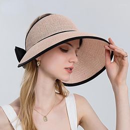 Wide Brim Hats 2023 Women Large Straw Hat With Bow Fashion Empty Top Floppy Sun Summer Foldable Beach UPF UV Cap Female Caps