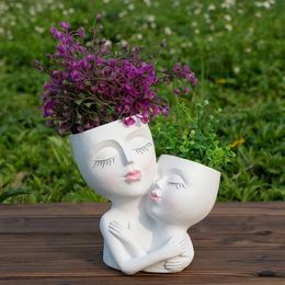 Vases Cute Girl Human Face Vase Nordic Home Decoration Creative Plant Pot Cube Resin Flowerpot Room Body Sculputre Desktop Floor Decor 231024