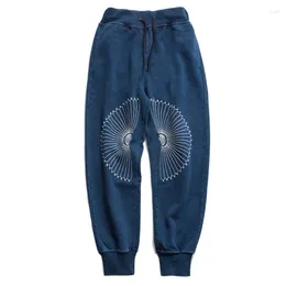 Men's Pants Retro Blue Dye Indigo National Style Sweatpants Trousers Mens Chrysanthemum Embroidery Ancient Loose