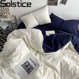 Bedding sets Solstice Home Textile Solid Colour White Navy Blue Duvet Cover Pillow Cases Bed Sheet Girls Teenage Linens Sets Queen 231023