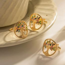 Cluster Rings INS Trend Colour Rhinestone Oval Tree Of Life Ring Women Stainless Steel Plant Vintage Aesthetic Jewellery Accessories Family