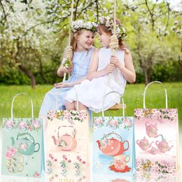 Gift Wrap BD130 12Pcs Tote Paper Bag Kraft Candy HandBags Afternoon Tea Party Packing Flower Theme Accessories