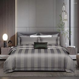 Bedding Sets 1000TC Egyptian Cotton Luxury Chic Jacquard Duvet Cover Set Gray Vertical Stripe/Blue Flat Bed Sheet Pillowcases
