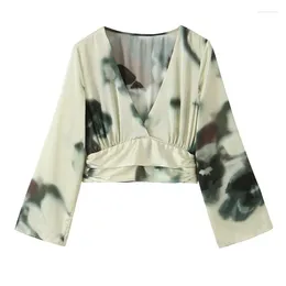 Women's Blouses V-Neck Tie-Dye Printed Shirt Long-Sleeved Waist Top Slimming Navel Slim-fitting Temperament Autumn