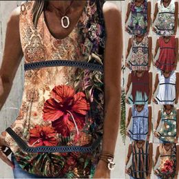 Women's Tanks Women's Ethnic Style V Neck Comfortable Vest Y2k Off Shoulder Beach Pullover Women Summer Plant Print Stitching