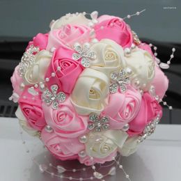 Wedding Flowers White Pink Accessory Bouquets Satin Ribbon Sweet 15 Quinceanera Rhinestones Crystal Bridal Holding Q358