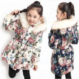 Down Coat Winter Cotton Jacket For Girls Floral Pattern Fur Hooded Children Outerwear Clothing 3-12 Year Teenage Kids Parka Snowsuit