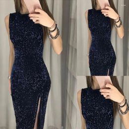 Casual Dresses Women Round Neck Sleeveless Solid Colour Regular Fit Ankle Length Party Dress Vestidos Sequins Zipper Formal A Line