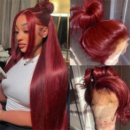 Lace Wigs 99j Burgundy Front Human Hair Wig 30 Inch Bone Straight Frontal 13x6 Hd Transparent Brazilan For Woman 231024