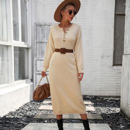 Casual Dresses Women Fall Winter Dress Knitted Solid Colour Round Neck Button Decor Long Sleeve Elastic Soft Slim Fit Mid-calf Length Midi