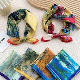 Scarves Silk Scarf Headband Female Neckerchief Handle Bag Band Bandana Tie Oil Painting Foulard Spring Echarpe 2023