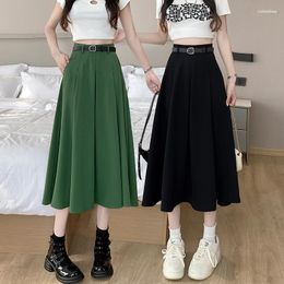 Skirts 2023 Summer Pocket High Waist Mid Length Half Long Skirt With Belt Women's A-line Green Pleated Umbrella