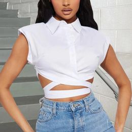 Women's Blouses Summer White Shirt Women Crop Top Blouse Lace Up Bandage Hollow Out Slim Fit Button Cardigan Sexy Streetwear Tie