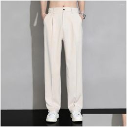 Men'S Pants Mens Pants Men Suit Elastic Waist Trousers Elegant Draped Wide Leg Business Ice Silk Button For Casual Apparel Men'S Cloth Oto6M