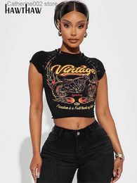 Women's T-Shirt Hawthaw Women Short Sleeve Graphic Y2K Streetwear Black Crop Tops T Shirts Tees 2023 Summer Clothes Wholesale Items For Business T231024