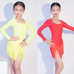 Stage Wear Yellow Red Girls Latin Dance Professional Dress Long Sleeved Fringed Dresses Kids Competition Performance Costume SL9264