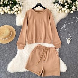 Women's Tracksuits Casual Sporty Two Piece Set For Women Tracksuit Loose Sweatshirt And Drawstring Tie Waist Shorts Matching Sets